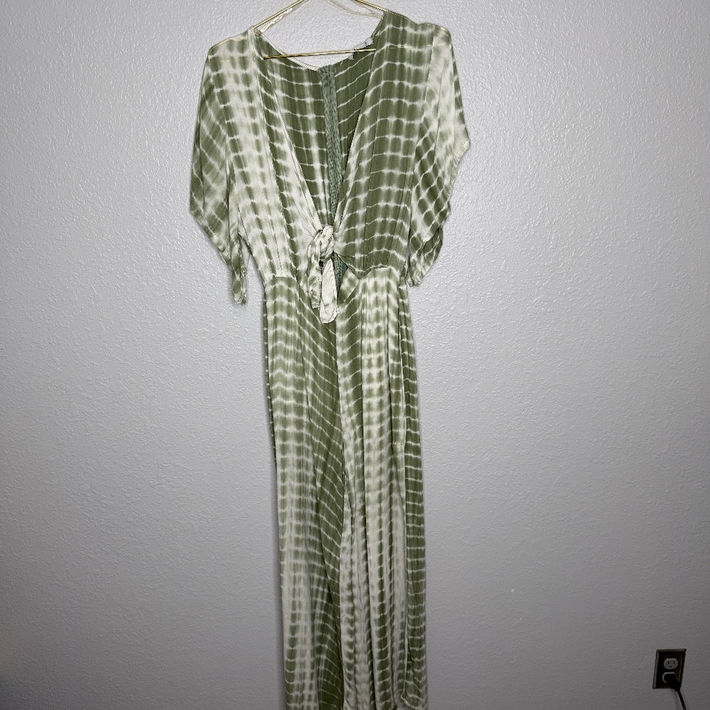 Pre-Owned Women FAVLUX  green tie front jumpsuit  tie dye‎ pattern Large -cp